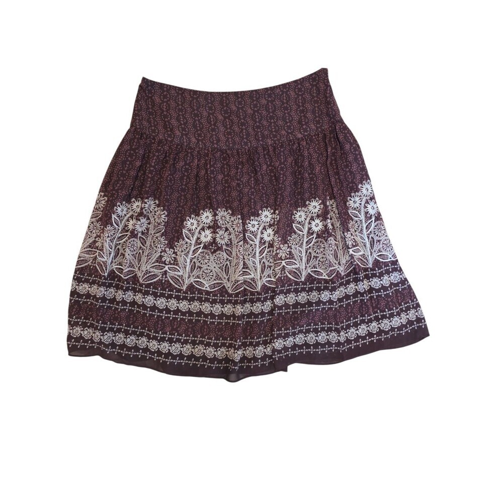 Bandolino Skirt 10 Brown A-Line Drop Waist Short Chiffon Embroidered BOHO Hippie